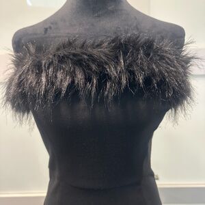 Venus Black Feather Faux Fur Trim Strapless Bodycon Mini Dress Cocktail Size 6